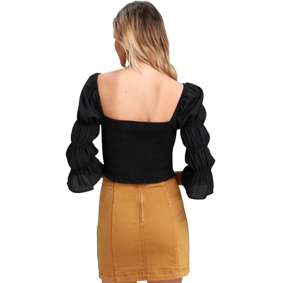 Lulus Women's size M Savia Black Smocked Puff Sleeve Crop Whimsigoth Witchy Top - Picture 7 of 12